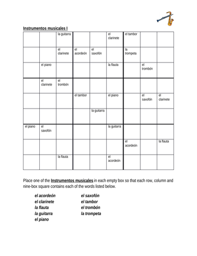 Instrumentos Musicales Musical Instruments In Spanish Sudoku 
