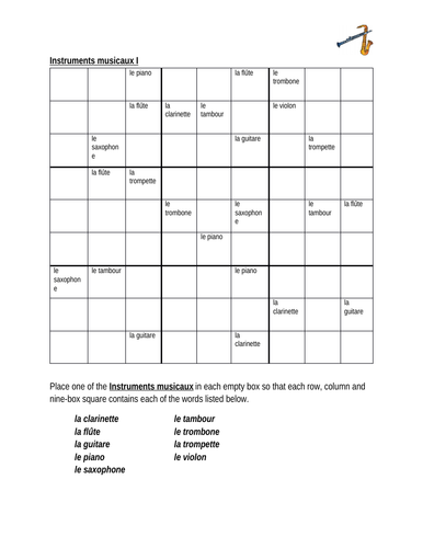 Instruments Musicaux Musical Instruments In French Sudoku Teaching 