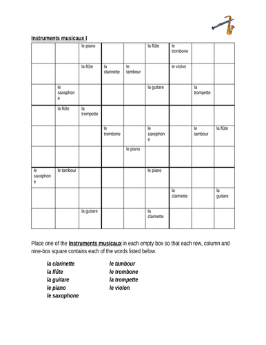 Instruments musicaux (Musical Instruments in French) Sudoku