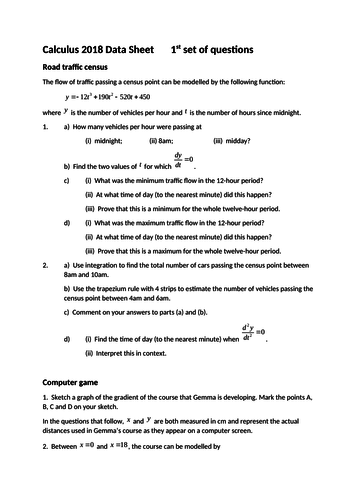 AQA Use of Maths Calculus (pilot) 1st set 2018 Data Sheet Practice Questions