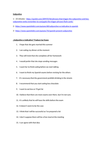 Spanish MA GCSE or AS - Subjunctive present/imperfect 2 ICT lessons