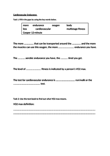 Cardiovascular Endurance Theory Worksheet Teaching Resources