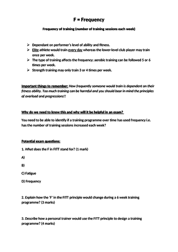 FITT principle of training work sheet