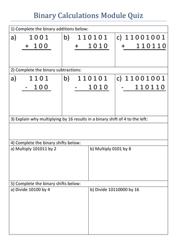 GCSE Computer Science Module Quiz - Binary Calculations (Shifts etc) - Linked to Knowledge Organiser