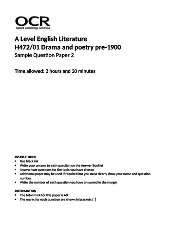 H472/01 pre-1900 practice papers OCR English Literature A level 2