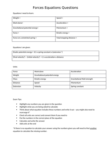 GCSE Forces and Motion Equations Revision