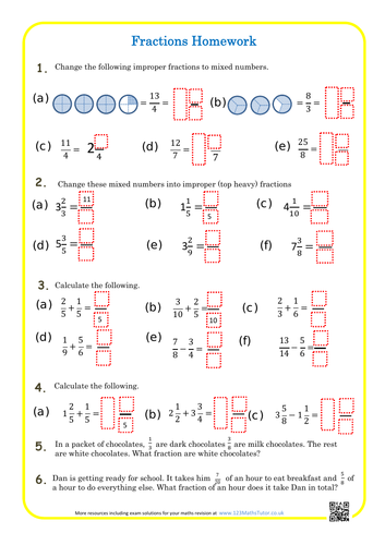 Fractions Homework Sheet - adding, subtracting, mixed and improper + includes solutions.