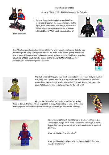 Equations of motion using superhero examples  / kinematics / uniform acceleration / V2 - U2 = 2as