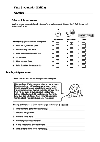 KS3 Spanish Holiday Assessment Task - flexible use worksheet