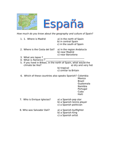 KS3 Spanish Cultural Starter Quiz - useful general knowledge