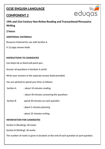 Eduqas GCSE English Language Component 2 Practice Examination Paper (Reading and Writing