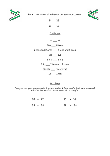 Greater Than/ Less Than Worksheet Year 2