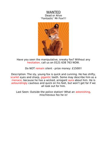 Example 'Wanter' Poster for Fantastic Mr Fox! WAGOLL