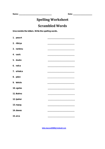 Spelling Worksheet- Scrambled Words