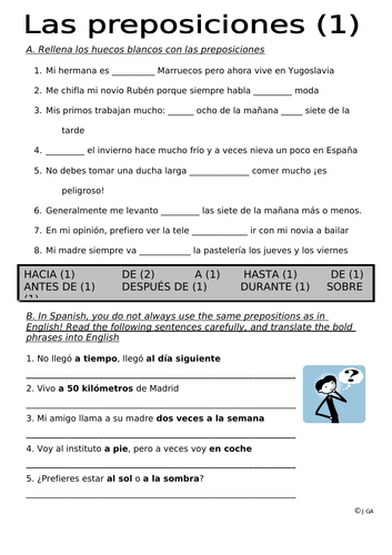 SPANISH A LEVEL PREPOSITIONS activities