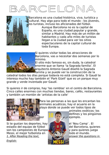 SPANISH KS3 BARCELONA reading sheets