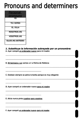 SPANISH A LEVEL PRONOUNS AND DETERMINERS worksheet