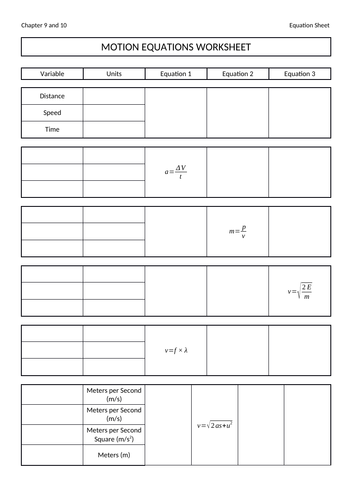 Motion Equations Worksheet