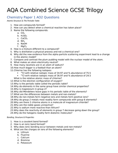 AQA GCSE Combined Science: Trilogy - Chemistry Papers 1 & 2 AO2 Questions