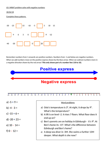 y56 using negative numbers worksheet teaching resources