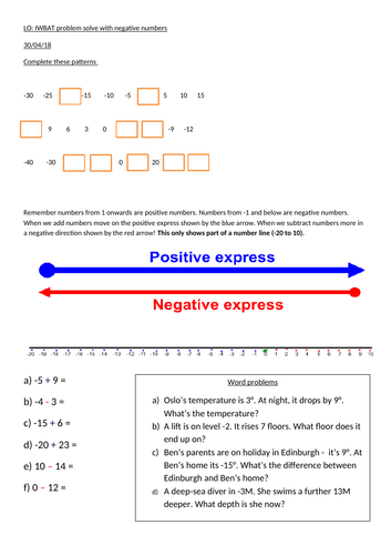 Y5/6 Using negative numbers worksheet
