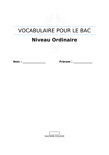 Vocabulaire pour le Bac (Niveau Ordinaire) - French Vocab booklet for senior cycle