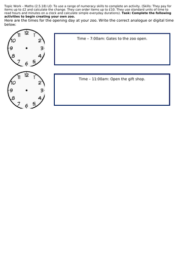 Year 2 -Maths Time and Money -  Animal based