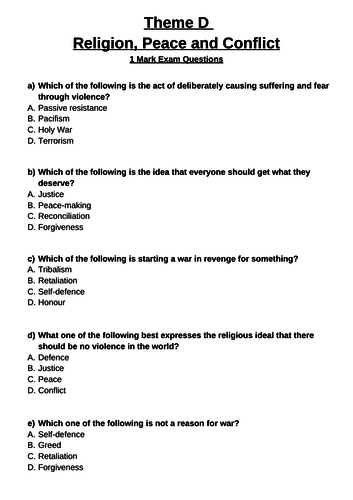 AQA GCSE Religion, Peace and Conflict exam questions booklet