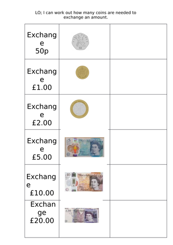 Exchanging amounts of money KS1 Year 2