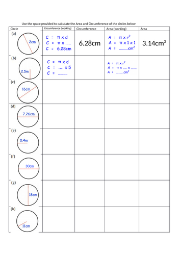 Area and Circumference of Circle - (very) Simple, Scaffolded, Mixed Exercise + ANSWERS