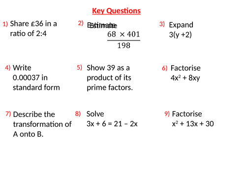 GCSE Maths Revision Starters - Key Skills/Topics - Higher/Intermediate Tier
