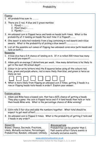 Probability Mastery Worksheet