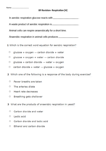 AQA Science Trilogy Biology Unit B9-Respiration-Revision lesson- Higher
