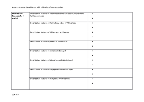 Bank of exam questions: Crime and Punishment and Whitechapel (paper 1) Edexcel 9-1 GCSE History