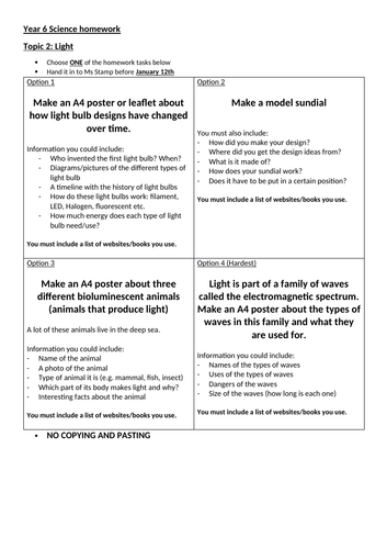 Light challenge homework idea sheet