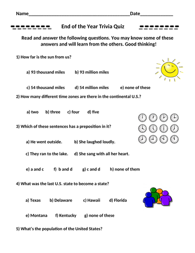 End Of The Year Trivia Quiz 36 Questions All Subjects Included Teaching Resources