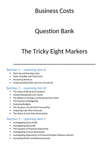 BTEC First Business Unit 2 Finance 8-mark questions booklet with markschemes