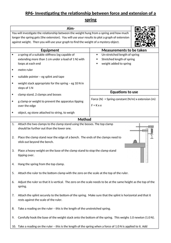GCSE AQA 9-1 Required Practical Student Sheet- RP6-Force and Elasticity