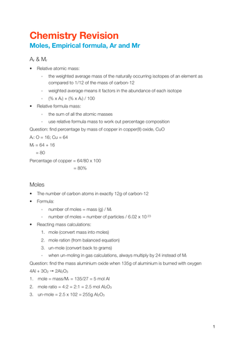 EDEXCEL IGCSE Chemistry - Moles, Empirical formula, Ar and Mr notes