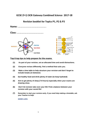 Revsion booklet for GCSE (9-1) OCR Gateway Combined Science  Physics topics P1,P2 & P3