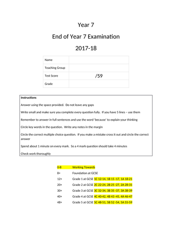 Year 7 End of Year Exam