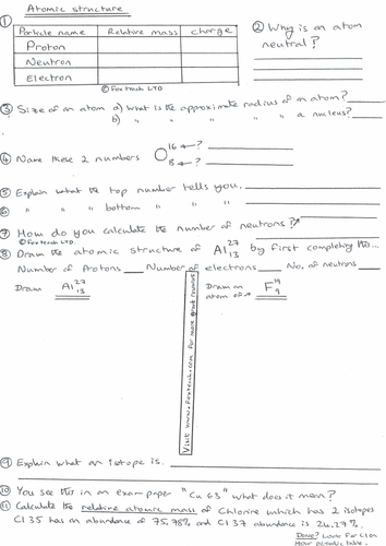 Atoms And Atomic Structure Worksheet With Answers Gcse Revision Exam Practice Teaching Resources