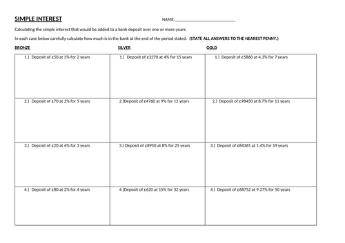 Differentiated Worksheet On Compound Interest Bronze Silver And Gold Level Questions Teaching Resources