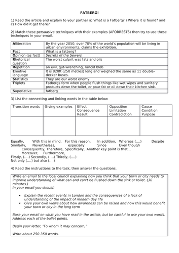 Fatberg! Directed writing for IGCSE (Cambridge)