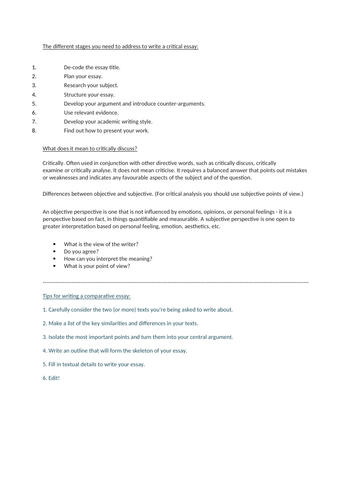 critical essay writing skills suitable for KS4-5