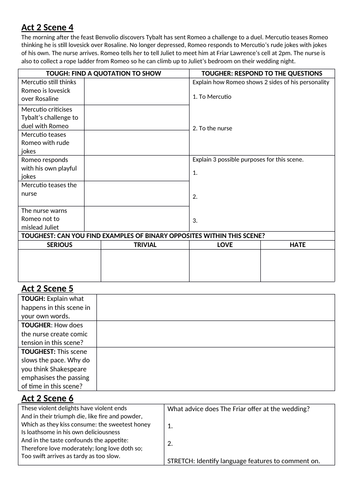 Romeo and Juliet. Reading lesson on Act 2 Scenes 4, 5, 6 with worksheet.