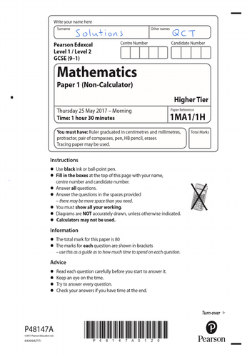 2017 May Higher Edexcel paper1 model solutions