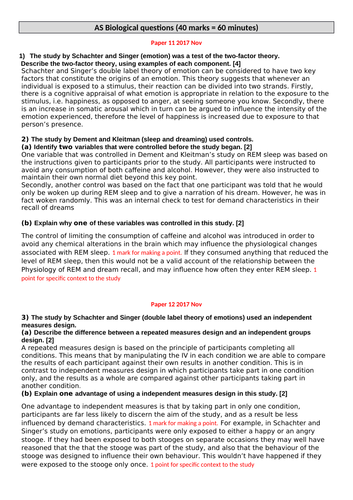 CIE A' level Psychology - Biological Approach examinations questions with exemplar answers