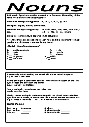 SPANISH NOUNS AND ADJECTIVES - SUMMARY AND ACTIVITIES GCSE/ A-LEVEL