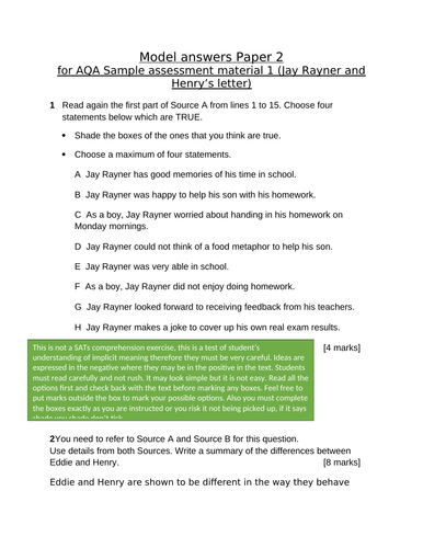 AQA English Language GCSE Paper 2 Specimen model answers | Teaching Resources